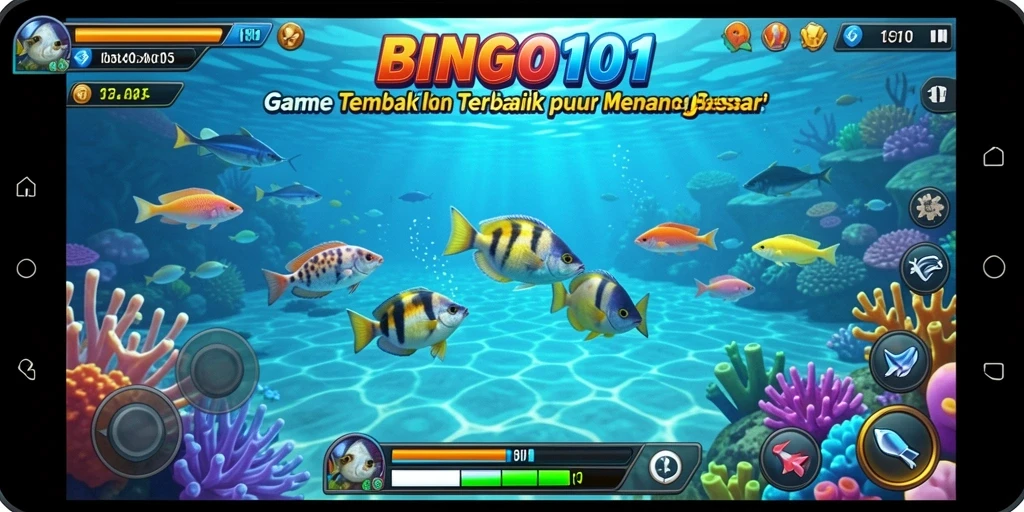 Screenshot gameplay BINGO101 menunjukkan aksi tembak ikan yang seru.