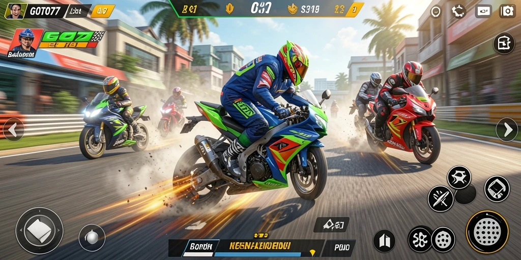 Tampilan gameplay GOTO77 yang menegangkan dalam balapan motor.